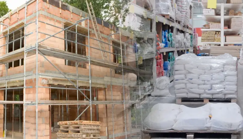 Budowa domu w toku, obok magazyn materiałów budowlanych. Wpływ cen materiałów budowlanych na inwestycje.