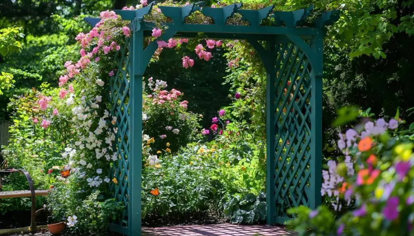 Zielona pergola DIY, ozdobiona kwitnącymi różami i innymi kwiatami, tworzy malownicze przejście do ogrodu pełnego zieleni.