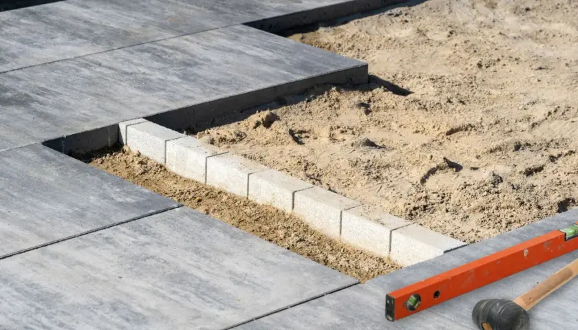 Budowa tarasu betonowego w toku. Betonowe płyty i obrzeża czekają na ułożenie. Poziomica i młotek gumowy gotowe do pracy.
