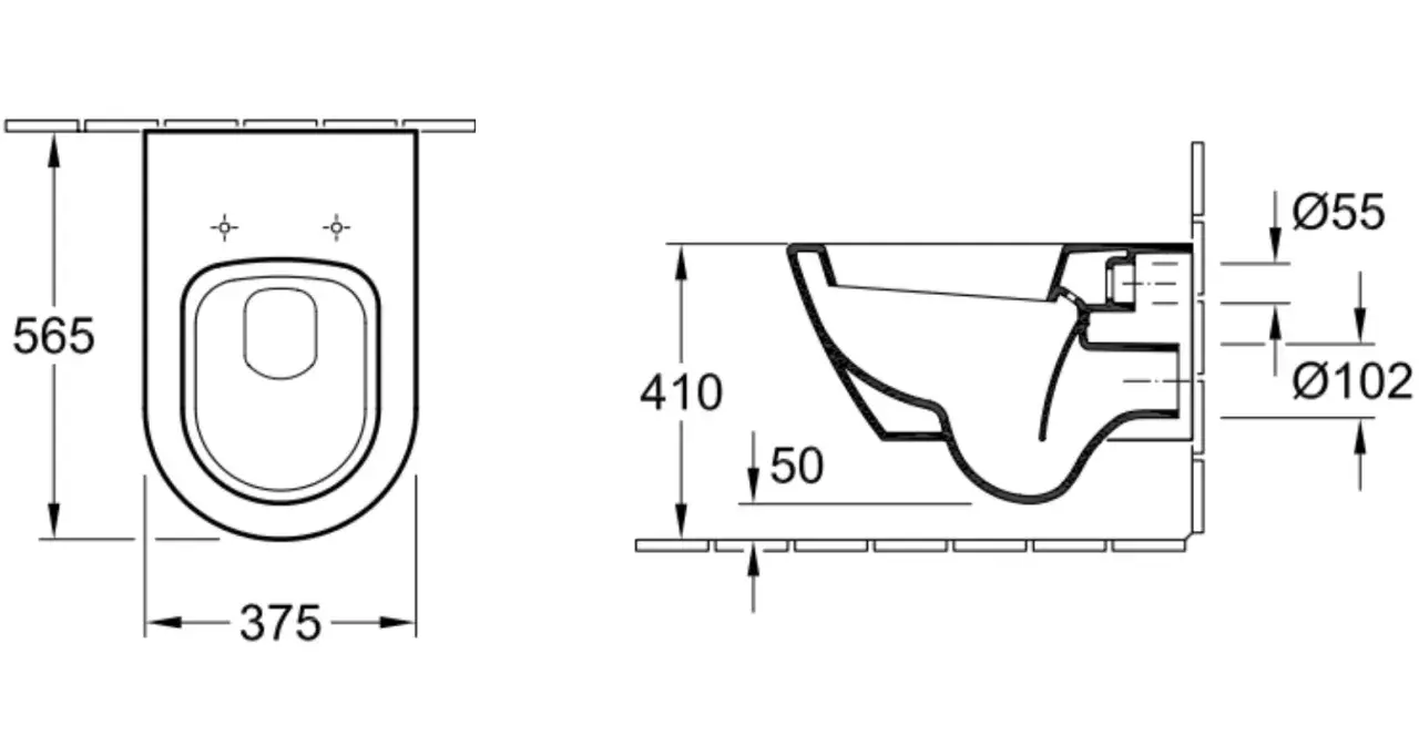 Rysunek techniczny miski WC z wymiarami: szerokość 375 mm, wysokość 565 mm, głębokość 410 mm. Pokazuje, ile miejsca na WC potrzebujesz.