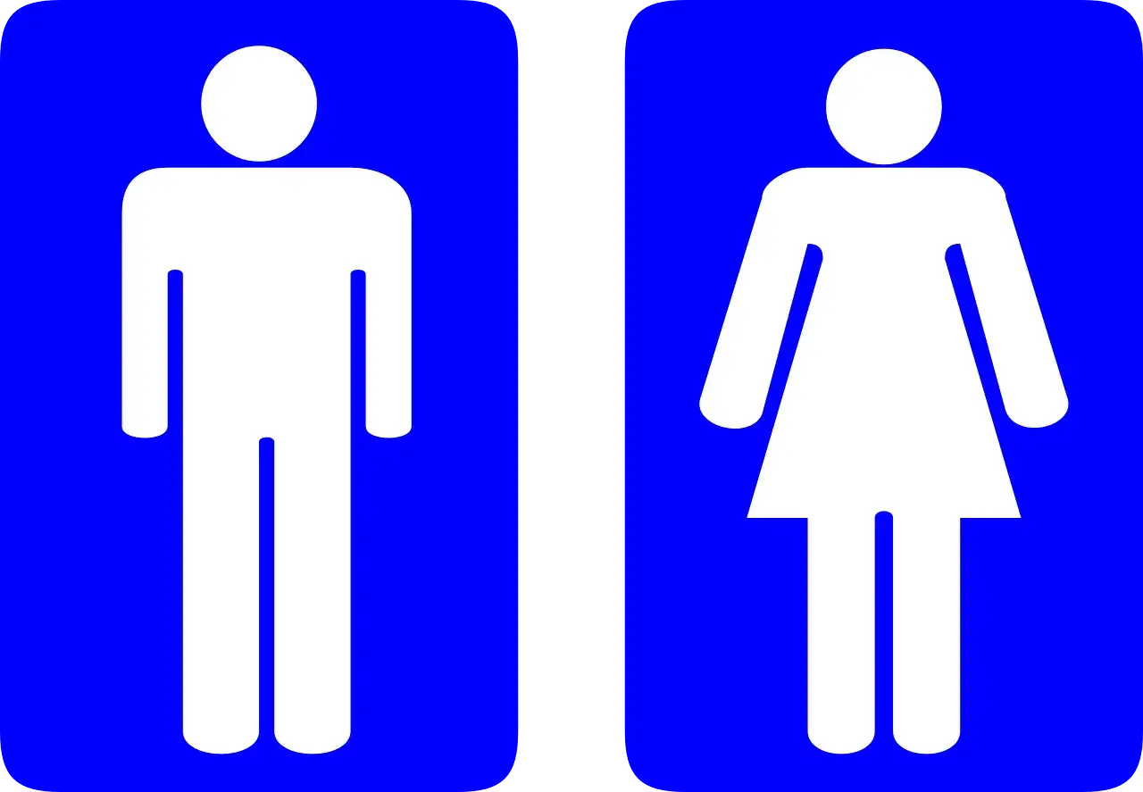 Białe sylwetki mężczyzny i kobiety na niebieskim tle. To standardowe oznaczenie wc, które informuje o dostępności toalet.