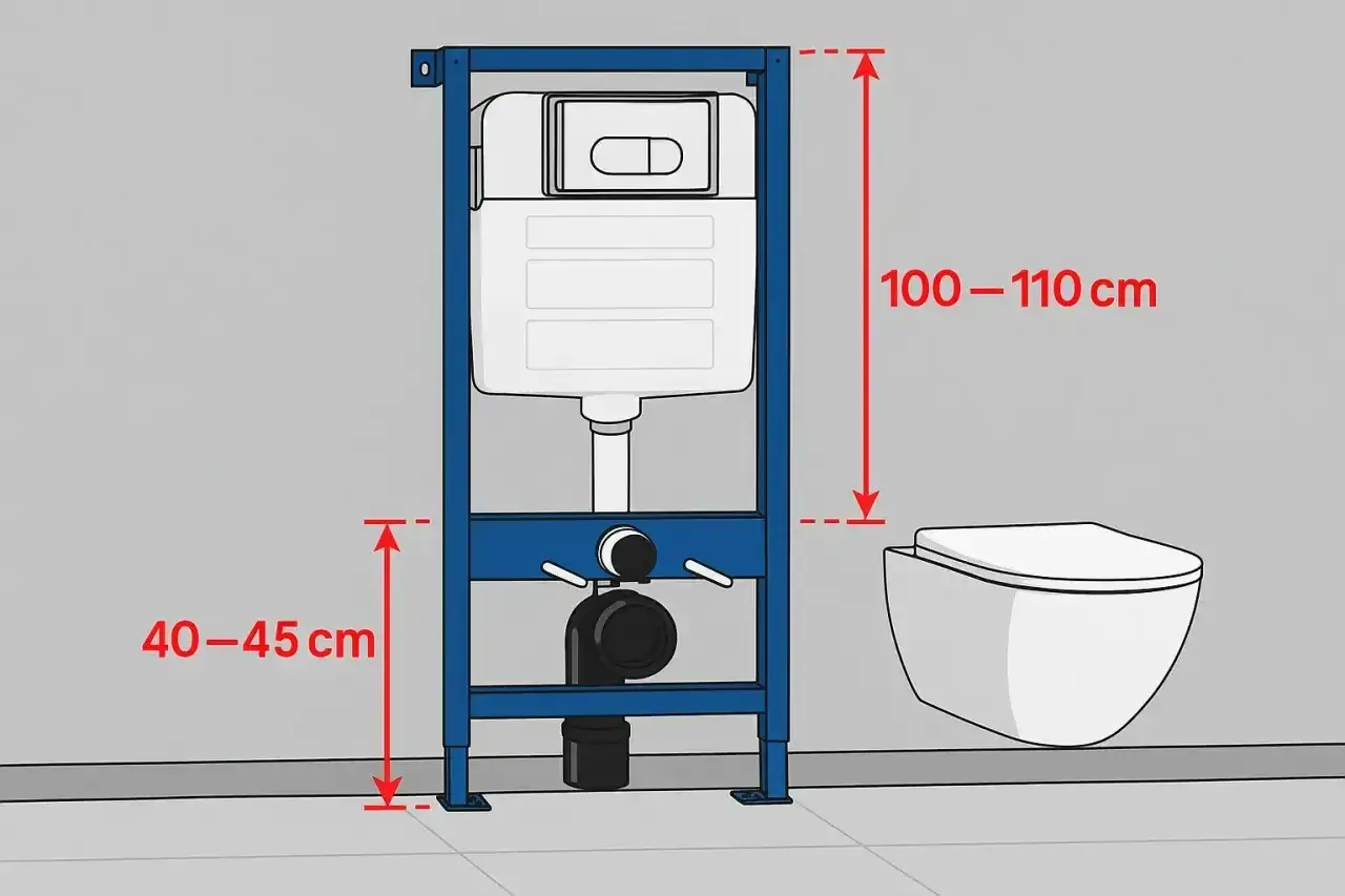 Schemat montażu stelaża WC z podwieszaną miską. Wymiary: 100-110 cm (wysokość) i 40-45 cm (odległość od podłogi).