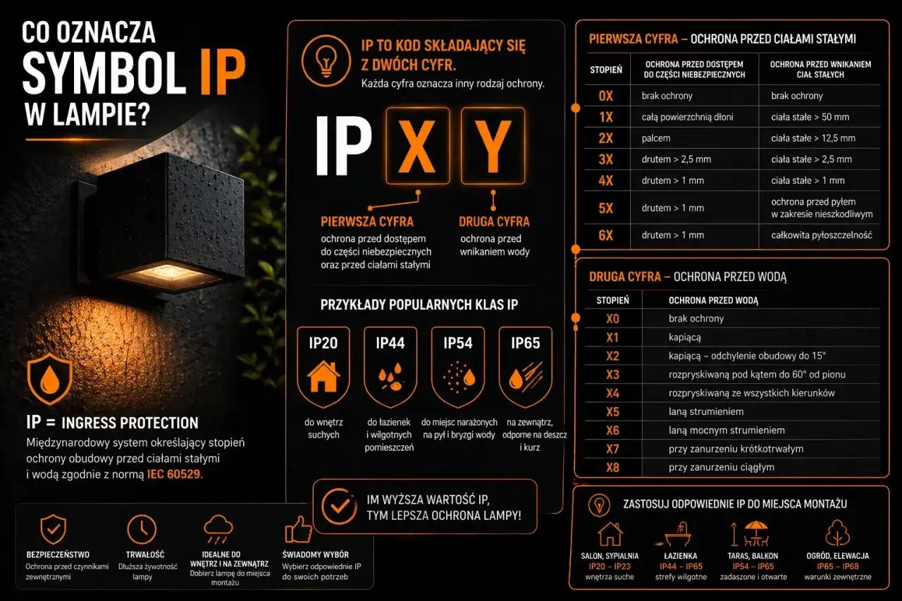 Lampa z ochroną IP44, idealna do łazienek i wilgotnych pomieszczeń, chroni przed bryzgami wody i pyłem.