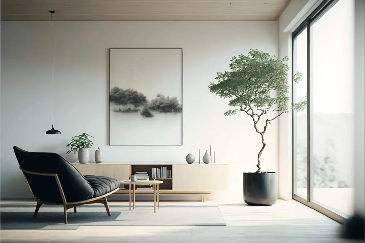 Minimalistyczny salon w stylu **japandi**: czarny fotel, drewniana komoda, obraz z mglistym krajobrazem i drzewko bonsai.