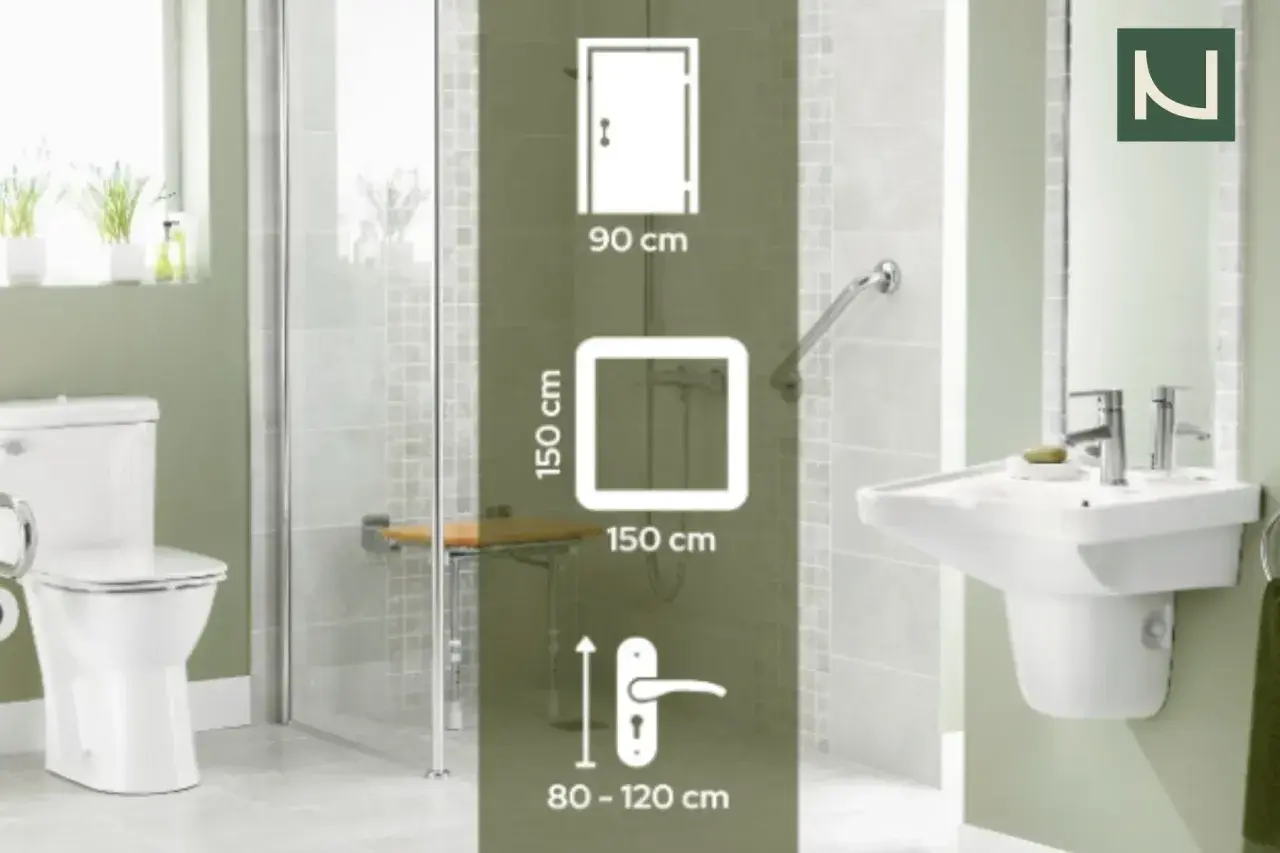 Wymiary łazienki dla niepełnosprawnych: drzwi 90 cm, kabina 150x150 cm, uchwyt 80-120 cm.