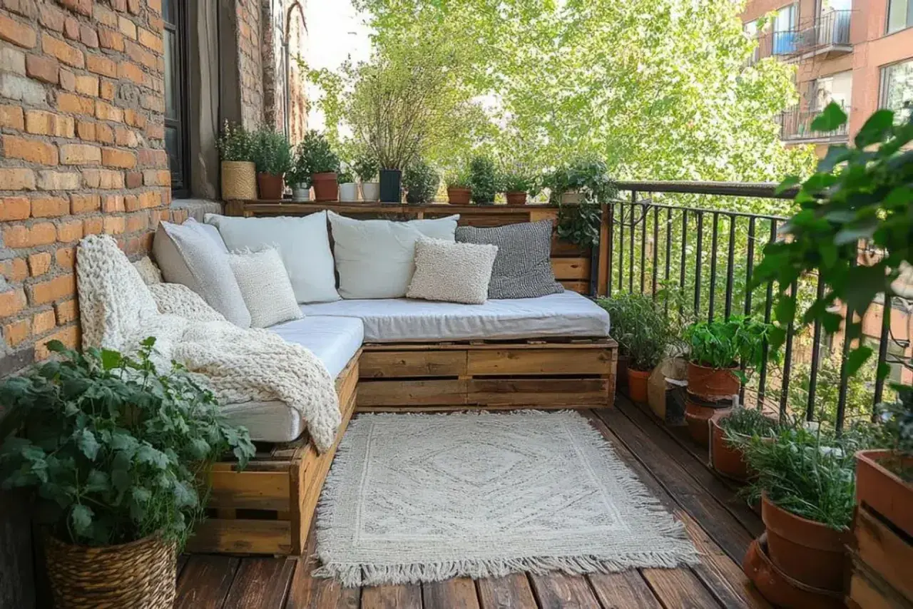 Przytulny balkon z sofą z palet, roślinami i dywanem. Idealne miejsce, by dowiedzieć się, czym osłonić balkon, tworząc zieloną oazę.