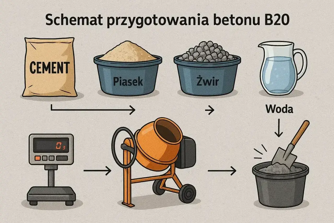 Schemat pokazuje, jak zrobić beton B20: cement, piasek, żwir i woda trafiają do betoniarki.