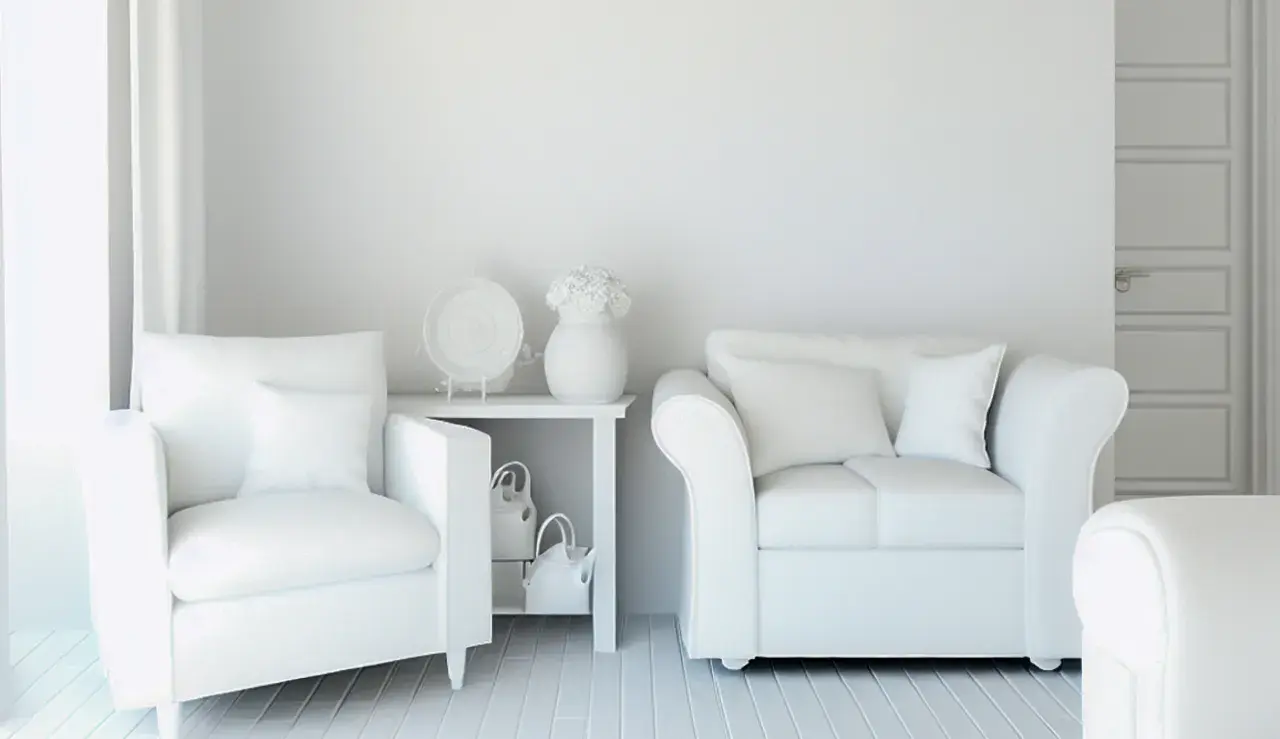 Białe fotele i sofa w odcieniu ral 9010, stolik z wazonem i dekoracjami, tworzą minimalistyczną przestrzeń.