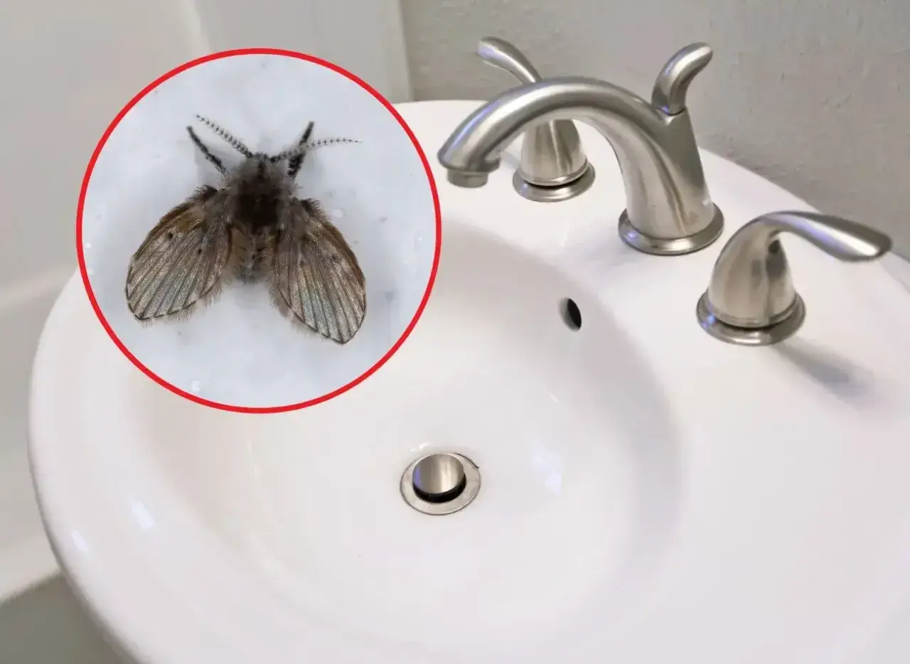 Małe muszki w łazience, siedzące na białej umywalce obok chromowanej baterii.