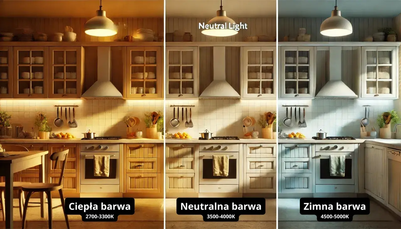 Porównanie kuchni w trzech barwach światła: ciepła, neutralna i zimna. Jaka barwa światła do kuchni stworzy najlepszą atmosferę?