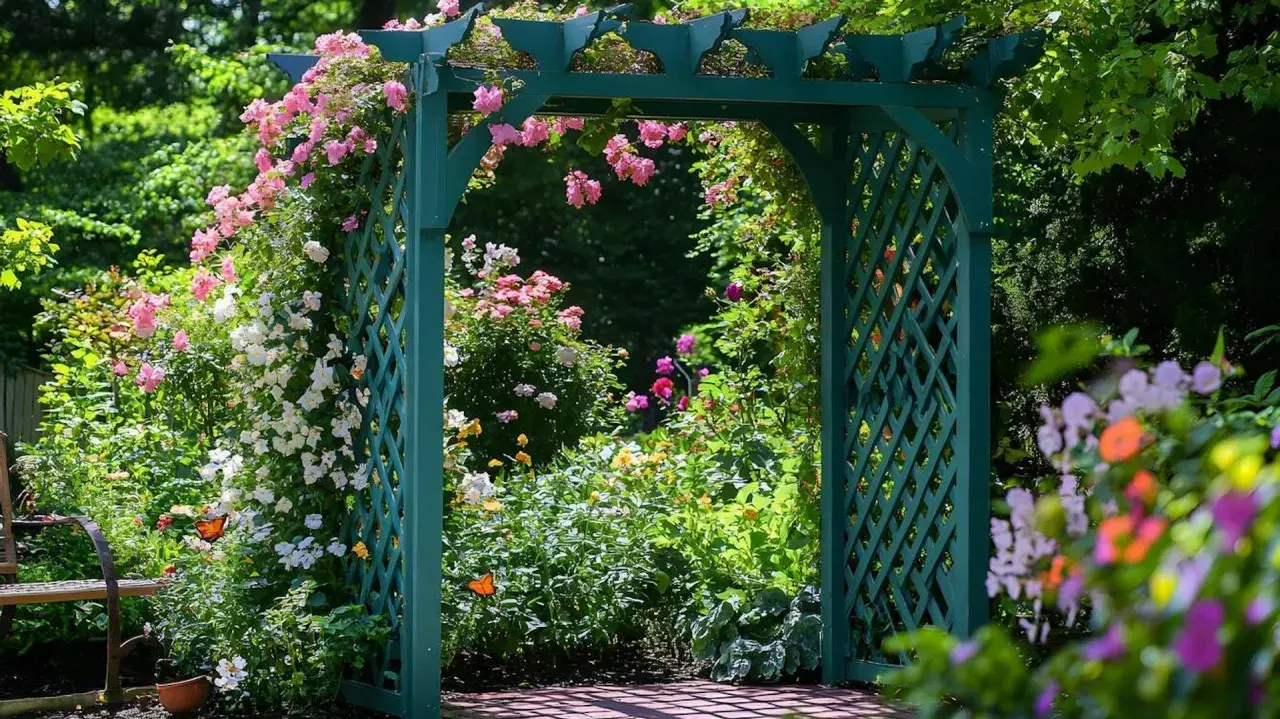 Zielona pergola DIY, ozdobiona kwitnącymi różami i innymi kwiatami, tworzy malownicze przejście do ogrodu pełnego zieleni.