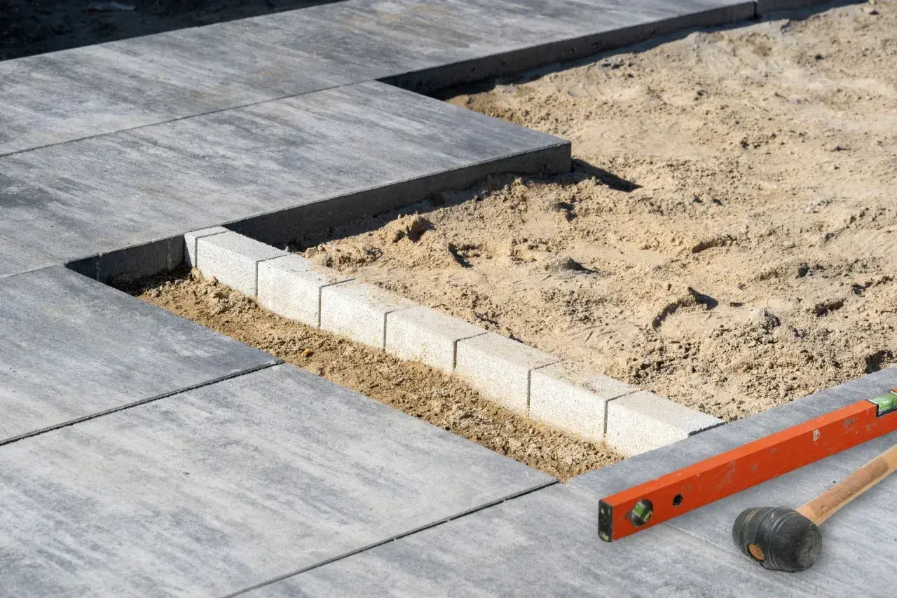 Budowa tarasu betonowego w toku. Betonowe płyty i obrzeża czekają na ułożenie. Poziomica i młotek gumowy gotowe do pracy.