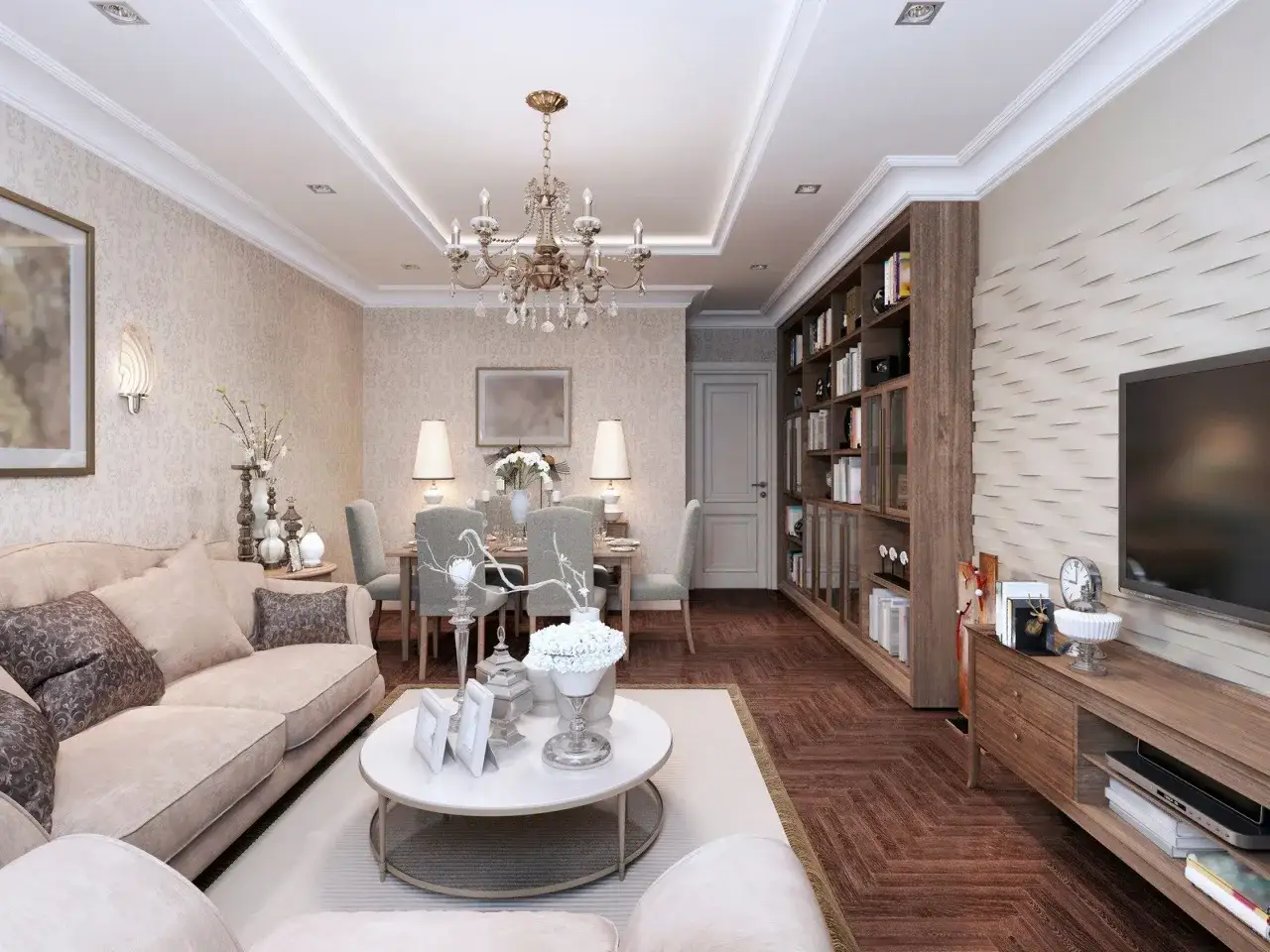Eleganckie wnętrze, gdzie klasyczne i nowoczesne style wnętrz łączą się w harmonijną całość. Jasna sofa, jadalnia i regał tworzą przytulną atmosferę.