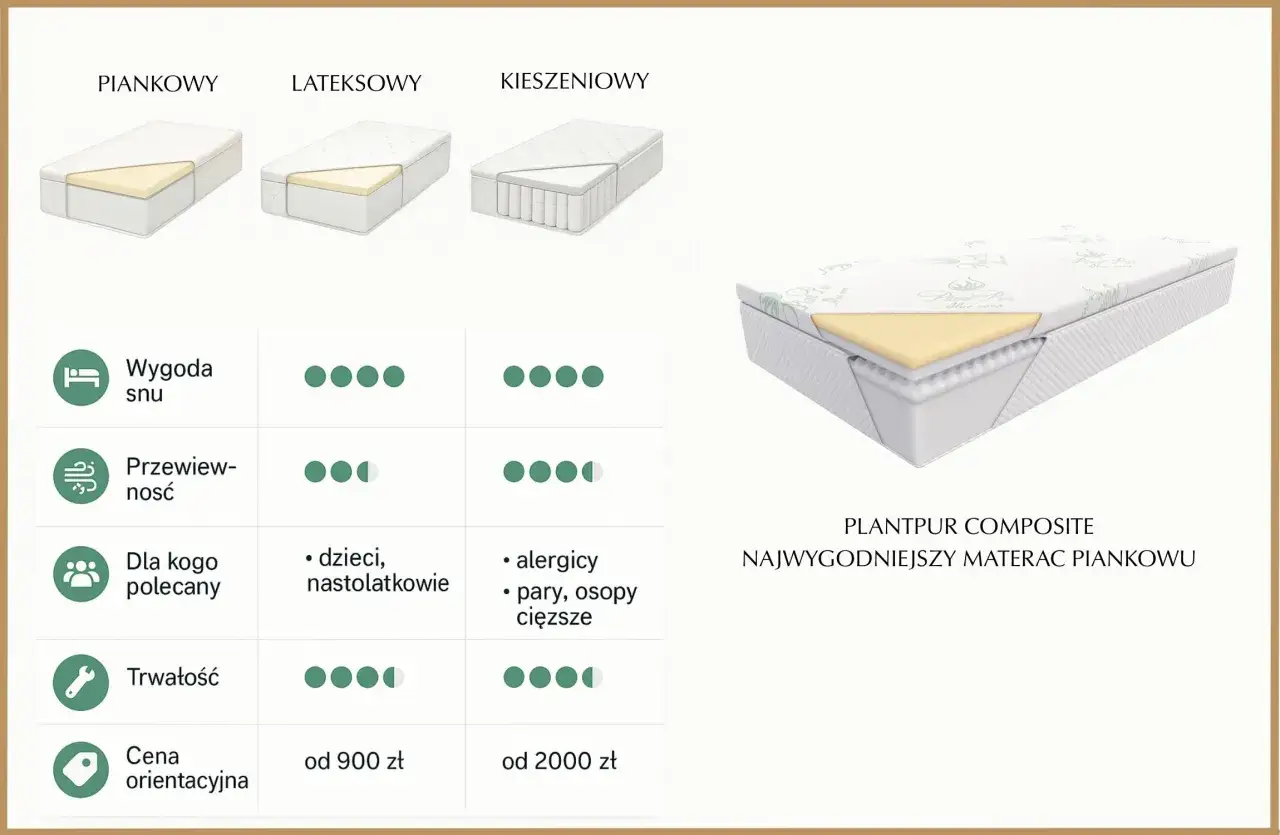Porównanie materacy: piankowy, lateksowy, kieszeniowy. Który materac do spania wybrać? Sprawdź wygodę, przewiewność, trwałość i cenę.
