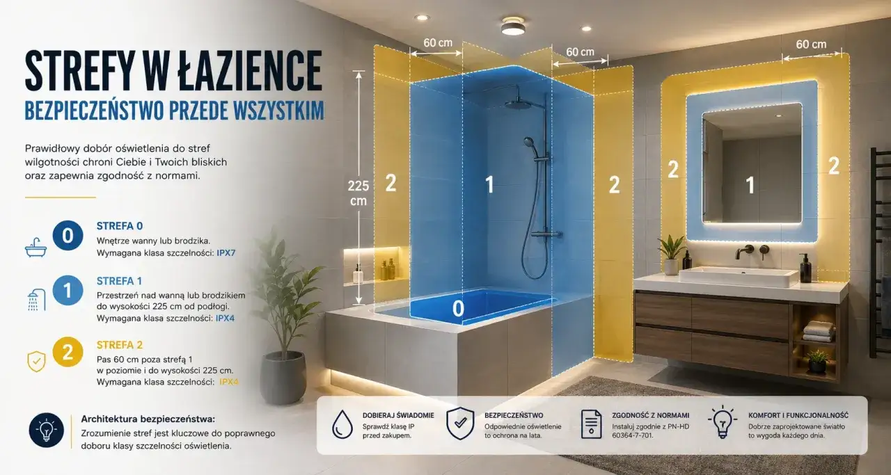 Łazienka podzielona na strefy bezpieczeństwa: 0 (wanna/brodzik, IPX7), 1 (nad wanną, IPX4) i 2 (60 cm od strefy 1, IPX4).