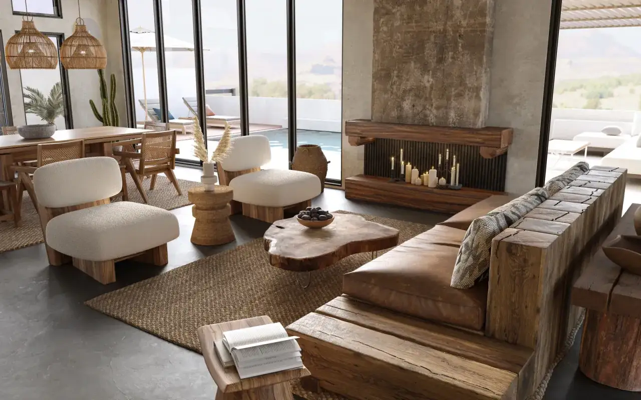 Salon w stylu wabi sabi. Drewniane meble, naturalne materiały, przytulna atmosfera.
