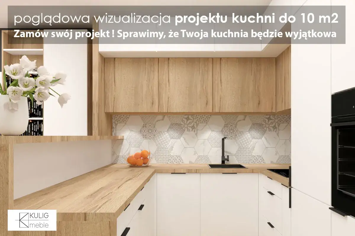Nowoczesna kuchnia z drewnianymi frontami i białymi szafkami. Dowiedz się, ile kosztuje projekt kuchni, by stworzyć wymarzone wnętrze.