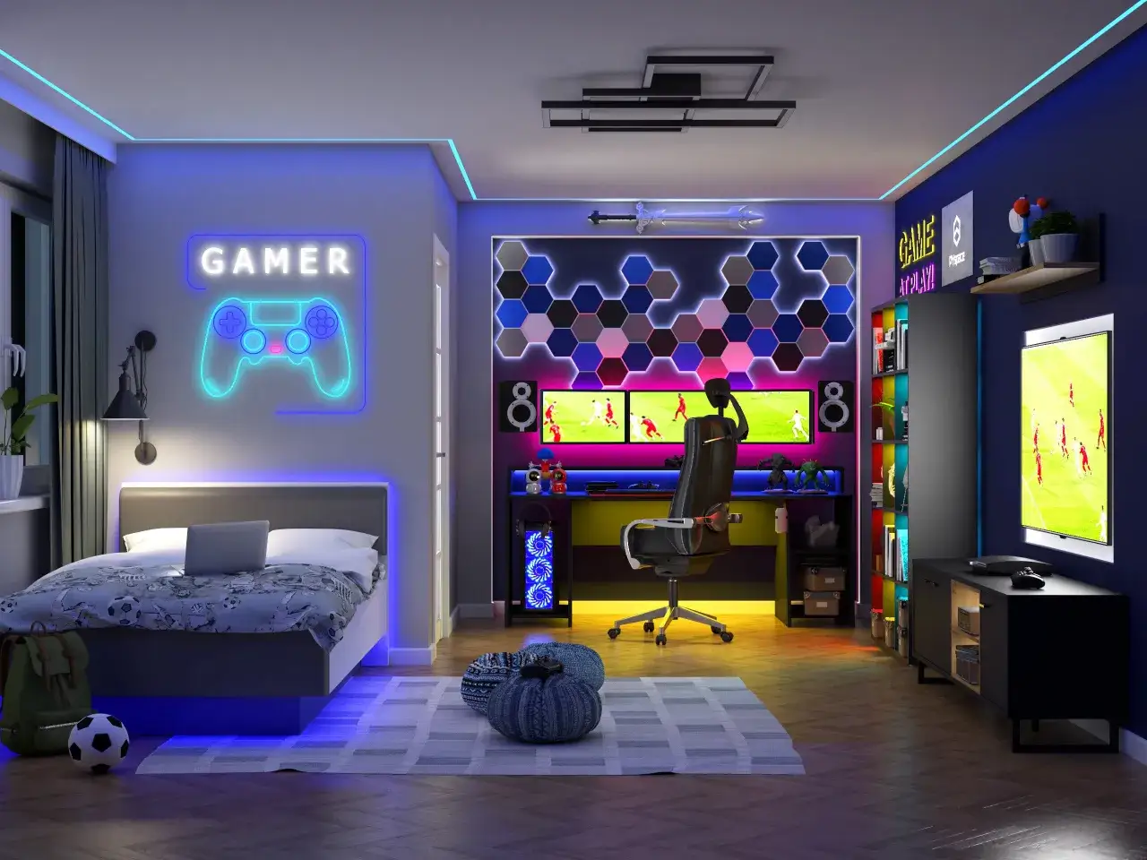 Fajne pokoje dla nastolatków: gamingowy raj z neonowym napisem GAMER, podwójnymi monitorami, wygodnym łóżkiem i kolorowymi akcentami.