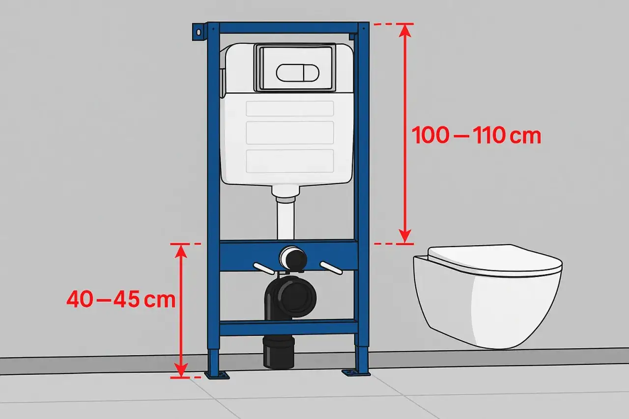Schemat montażu stelaża WC z podanymi wymiarami: wysokość 100-110 cm, odległość od podłogi 40-45 cm.