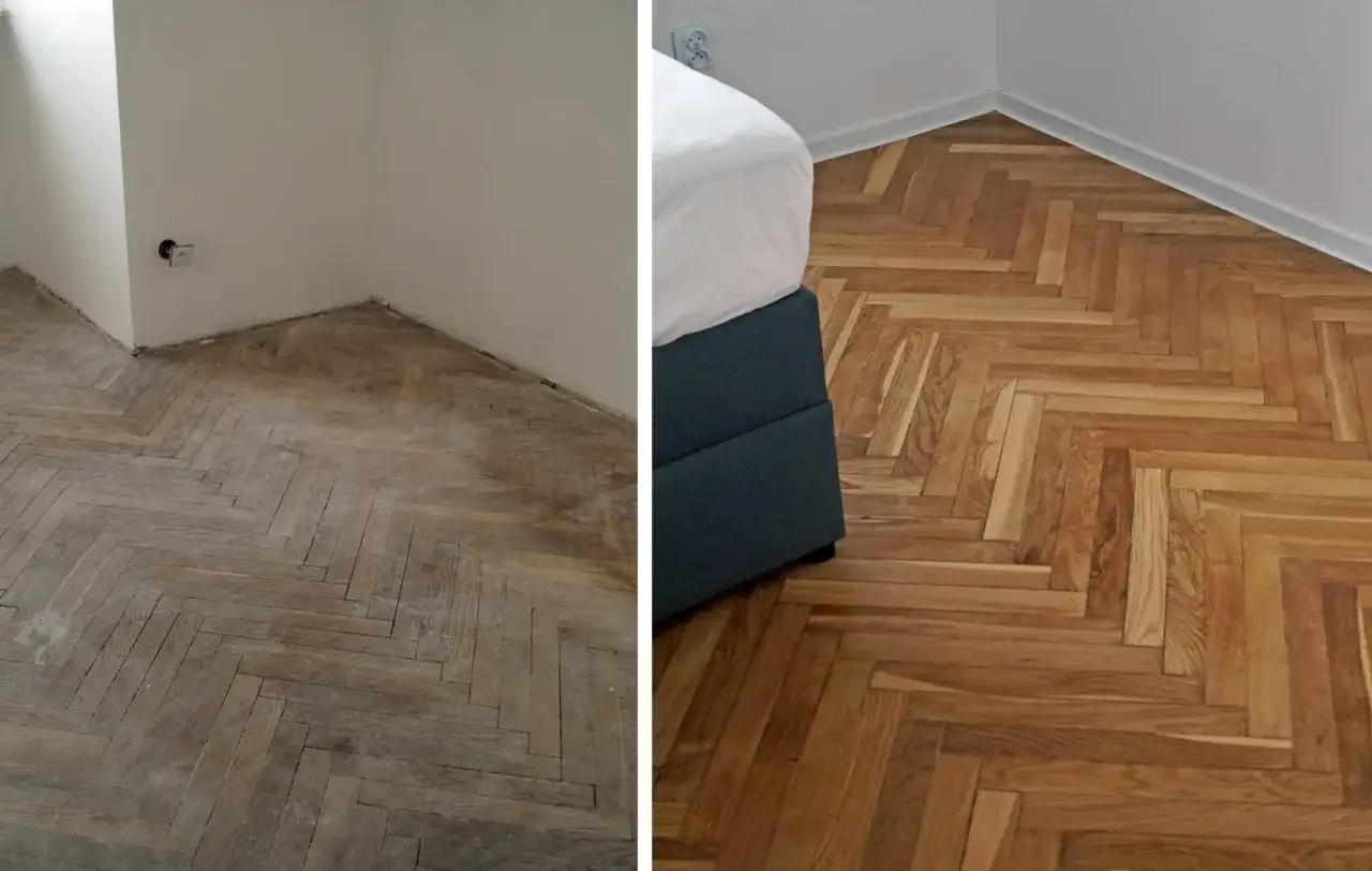 Przed i po cyklinowaniu parkietu. Zobacz, ile kosztuje cyklinowanie parkietu i jak odmienić wnętrze.