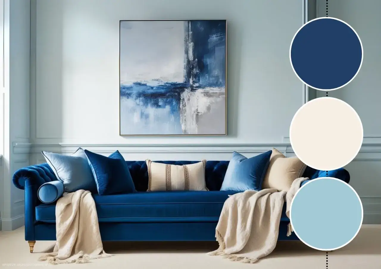 Elegancka sofa w kolorze głębokiego granatu, ozdobiona poduszkami w odcieniach niebieskiego i kremowego. Obraz na ścianie nawiązuje do morskich fal, a całość dopełnia kolor lazurowy w palecie barw.