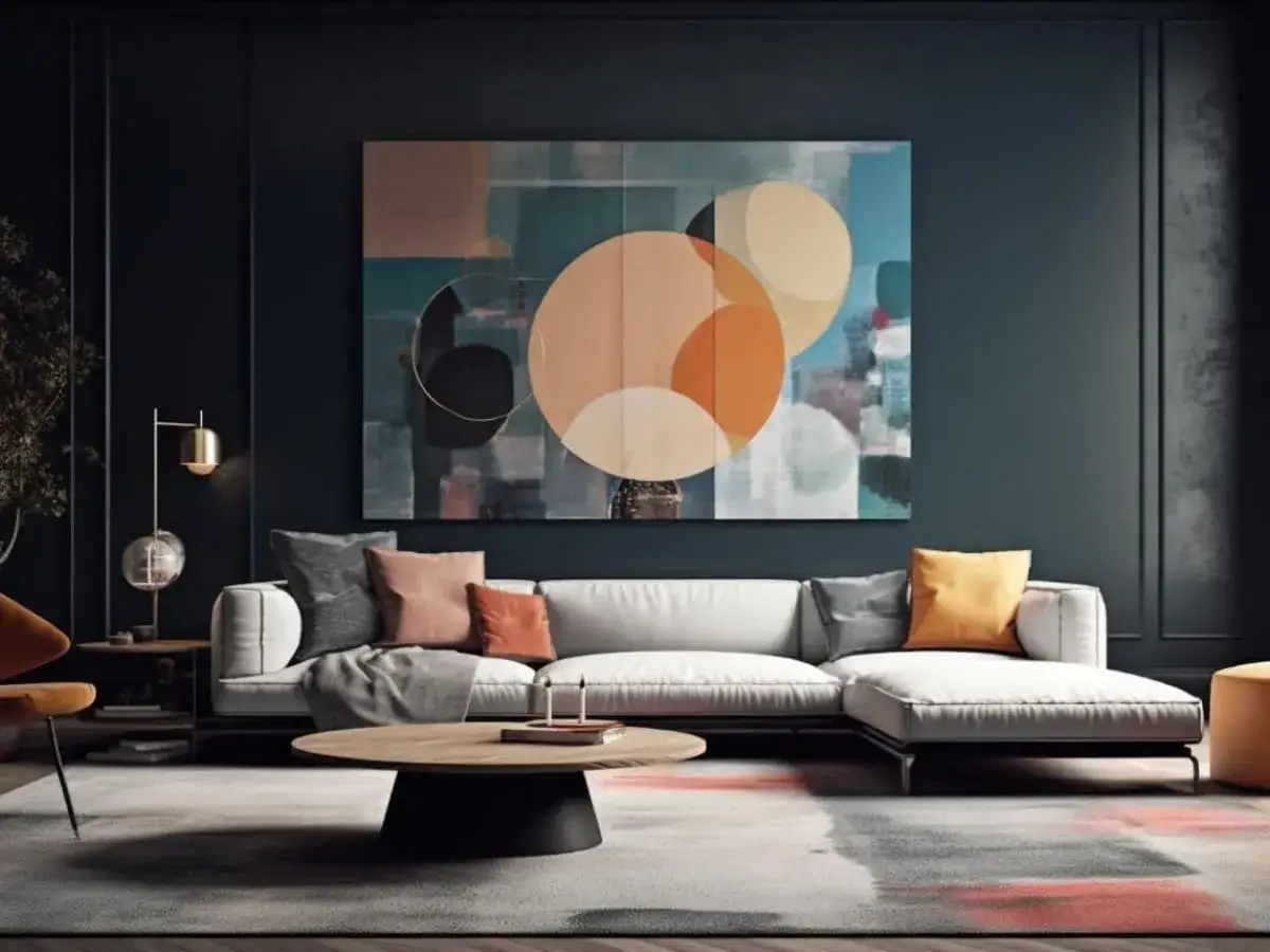 Nowoczesny salon z sofą, stolikiem i obrazem w stylu bauhaus. Abstrakcyjne kształty i kolory tworzą harmonijną całość.
