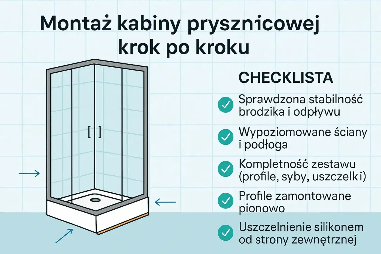 Ilustracja przedstawia montaż kabiny prysznicowej. Na liście kontrolnej znajdują się punkty dotyczące stabilności brodzika, wypoziomowania ścian i podłogi, kompletności zestawu, montażu profili i uszczelnienia.