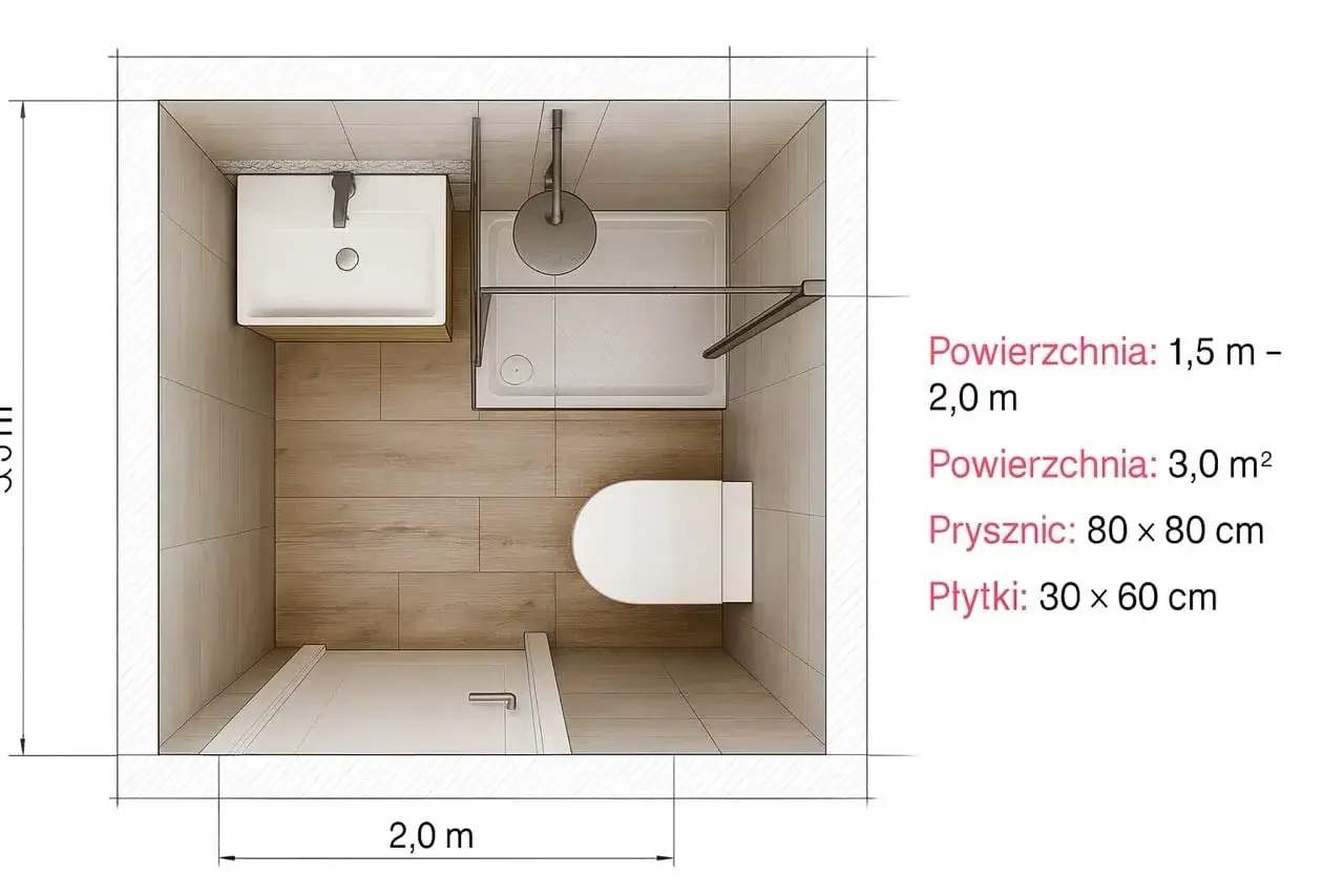 Projekt łazienki 2x2m. Widać umywalkę, prysznic 80x80cm i toaletę. Jest sporo miejsca na WC.