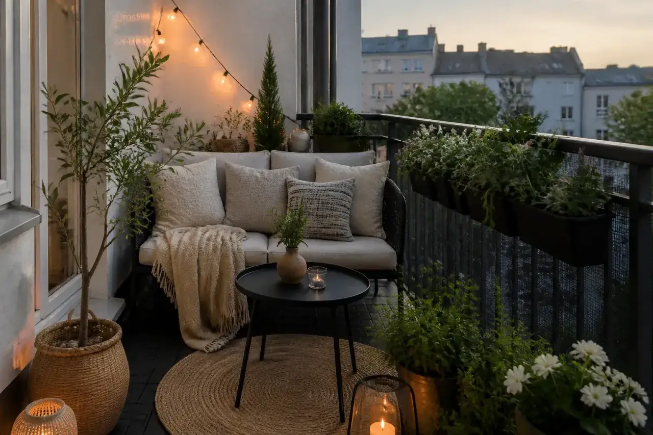 Przytulna loggia z sofą, stolikiem i mnóstwem zieleni. Świece i lampki tworzą ciepłą atmosferę.