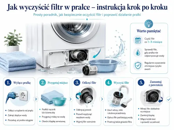 Ilustracja przedstawia instrukcję czyszczenia filtra pralki krok po kroku, z widoczną pralką, akcesoriami i etapami procesu.